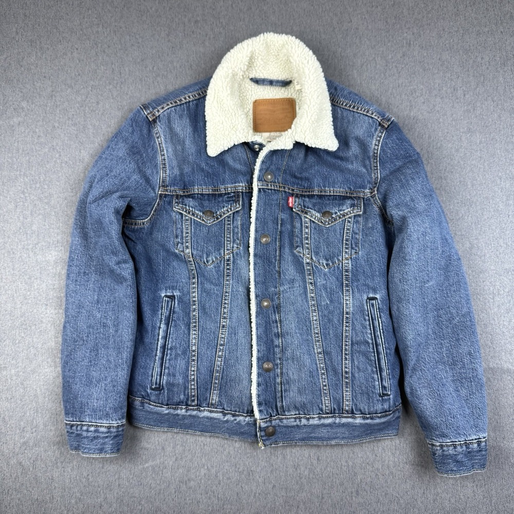 Levi's Premium Sherpa Denim Trucker Jacket Womens Small Blue Lined Winter